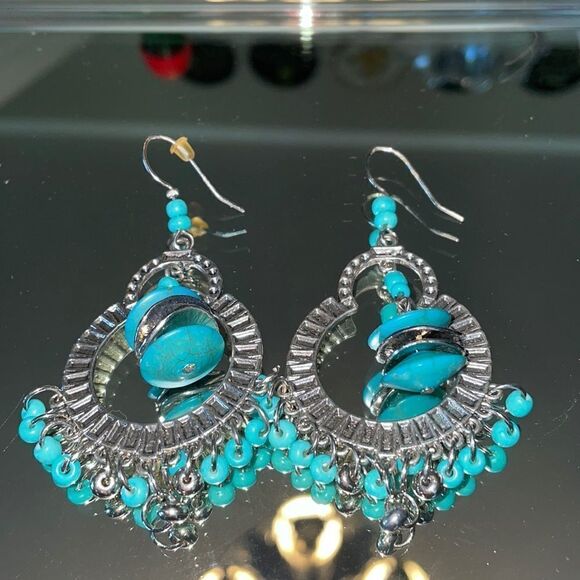 Silver & turquoise bead drop wire earrings - Picture 1 of 4